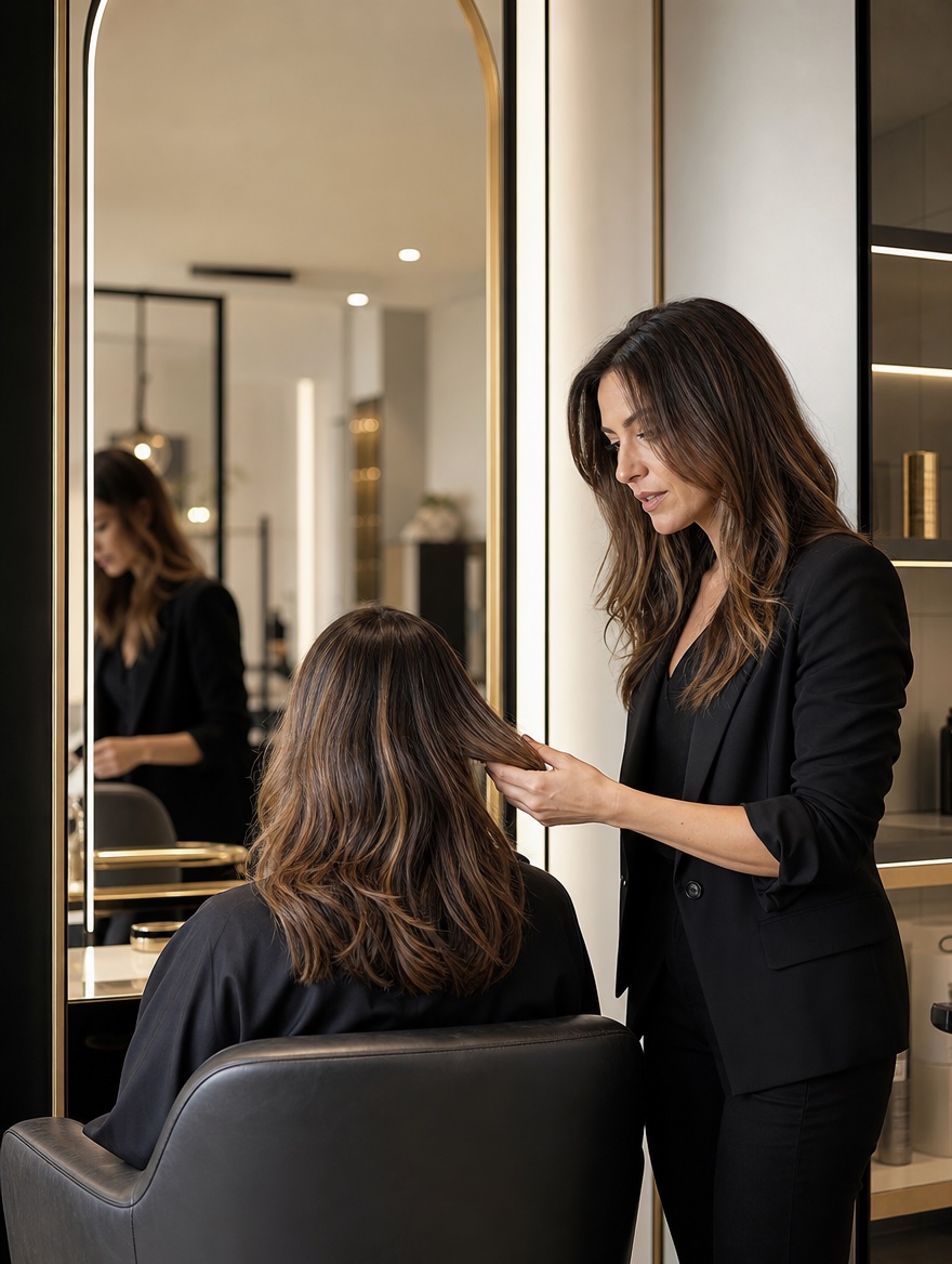 Estilista evaluando el cabello de una clienta durante la consulta inicial
